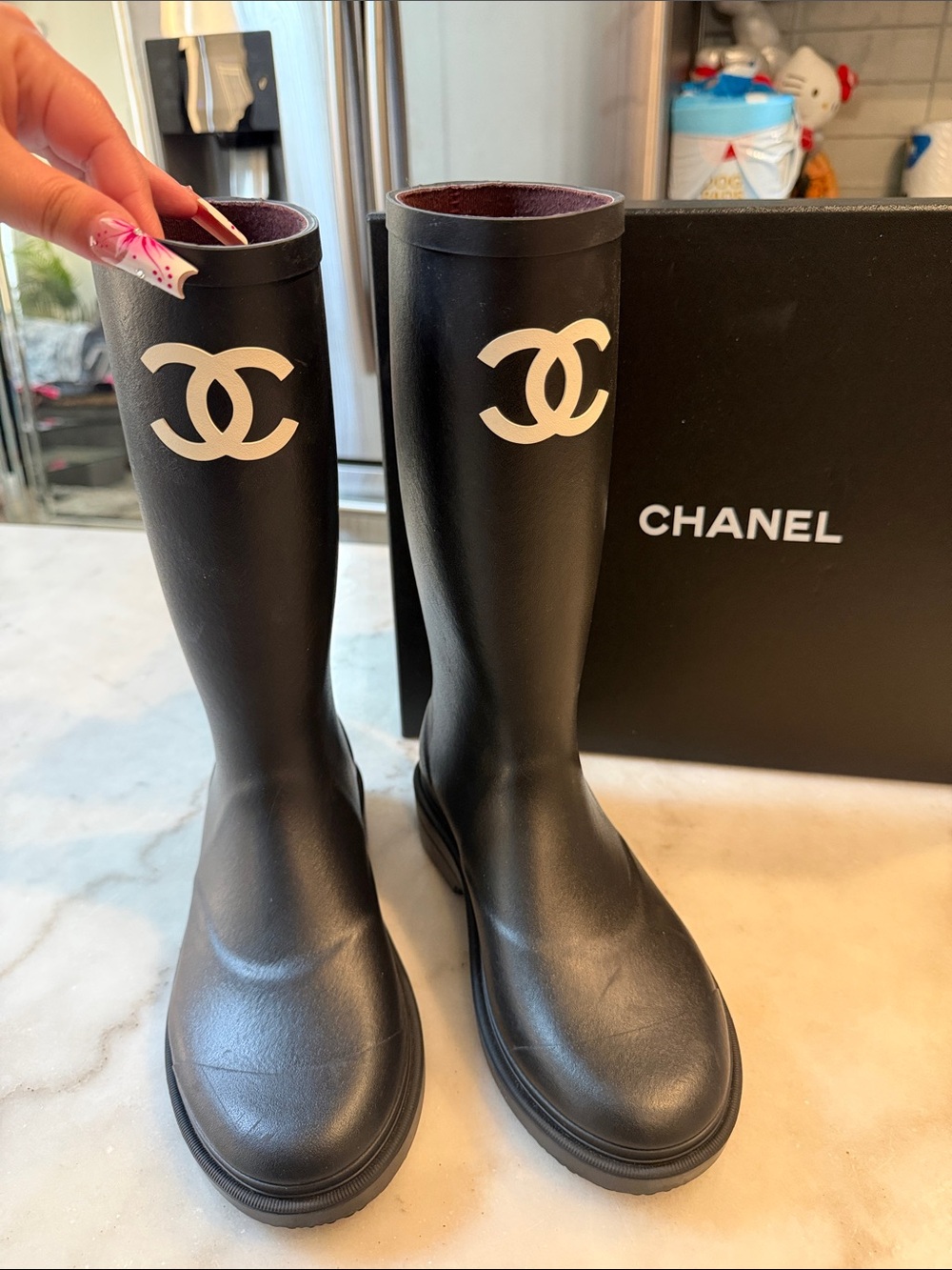 CHANEL Black Rain Boots with White CC Logo - Picture 2 of 8